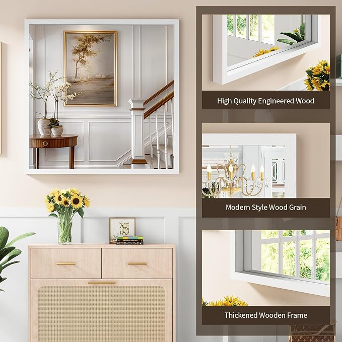 Syndra Square White Wood Frame Bathroom Mirror, Waterproof Slim Deep Frame - Image 3