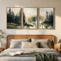 Framed Forest Landscape Nature Wall Art Bedroom, 3 Piece Foggy Pine Tree Lake by Cuspin
