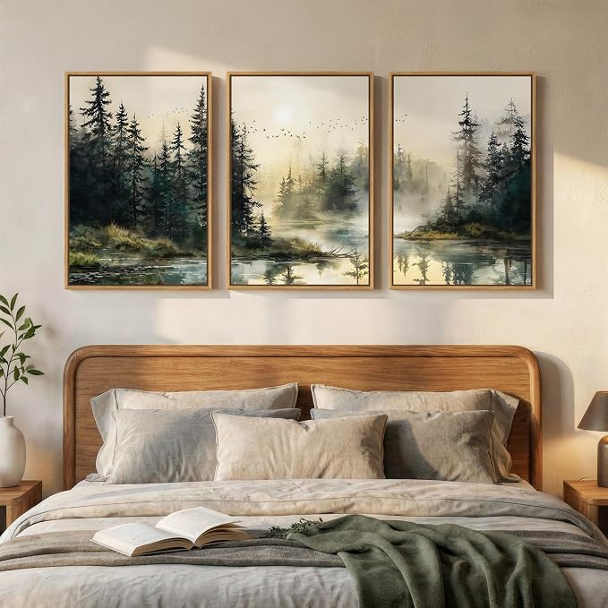 Framed Forest Landscape Nature Wall Art Bedroom, 3 Piece Foggy Pine Tree Lake by Cuspin