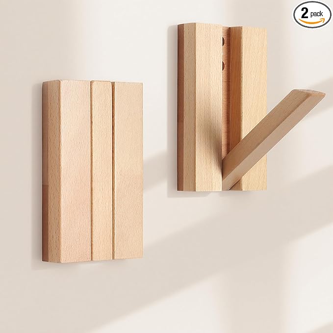 Wall Hooks for Small Space: Foldable Wooden Natural Coat Hooks 2Pack for by KYIAANY