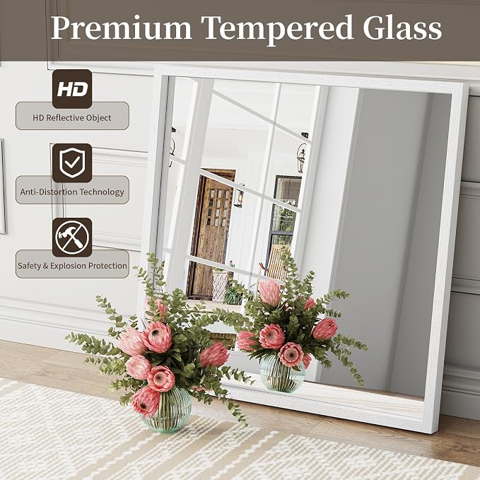 Syndra Square White Wood Frame Bathroom Mirror, Waterproof Slim Deep Frame - Image 7