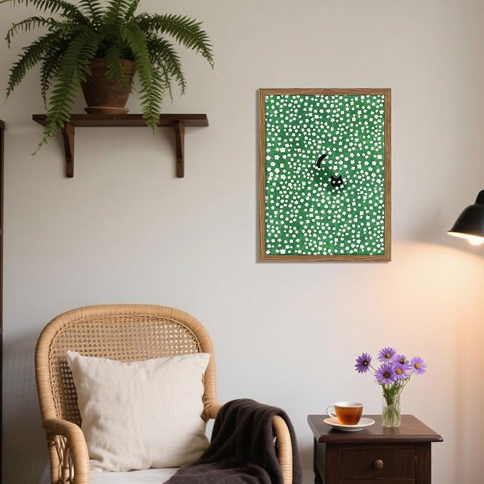 Framed Floral Black Cat Canvas Wall Art, Cute Black Cat in Daisy Field Painting - Image 8