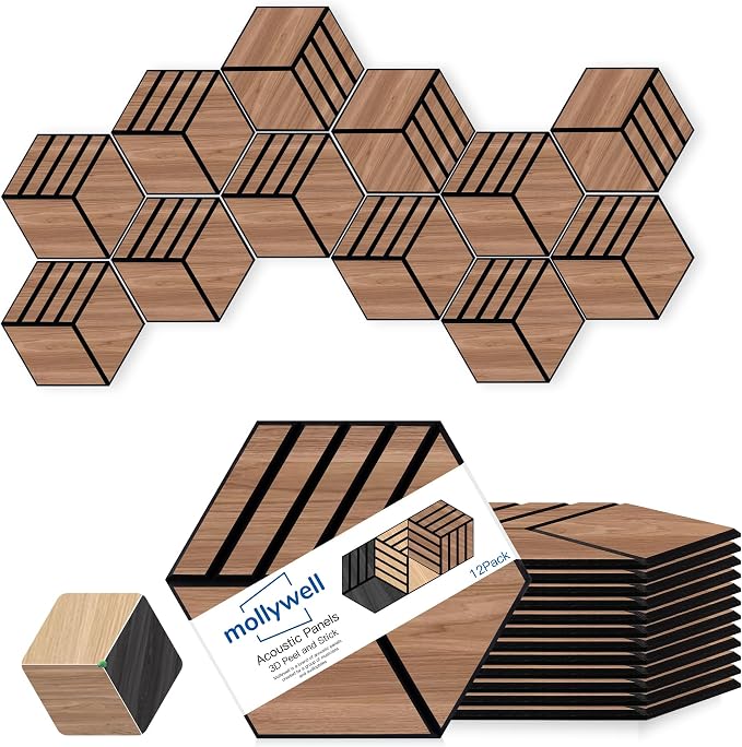 Mollywell Acoustic Panels, PVC Wood-Grain, 14x12 Inch Hexagon Carved Sound by Mollywell