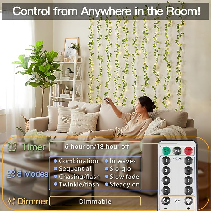 suddus Vines with Lights for Bedroom, 150 LED Fairy Lights with Vines, Pothos - Image 3
