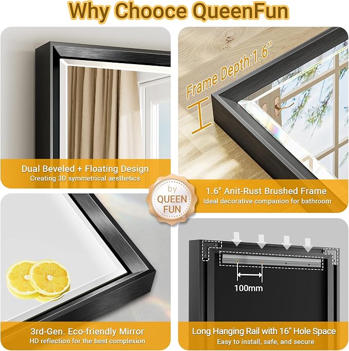 48 x 36 Black Framed Mirror for Bathroom, Beveled Black Bathroom Vanity Mirror - Image 8