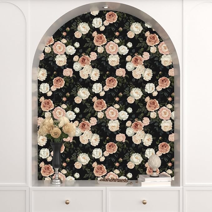 Pink White Rose Peony Wallpaper Peel and Stick Black Floral 17.5in x 118in - Image 8