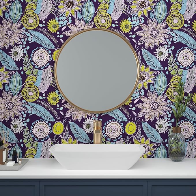 Purple Boho Wallpaper Peel and Stick, Vintage Yellow Floral Contact Paper 17.5" - Image 4