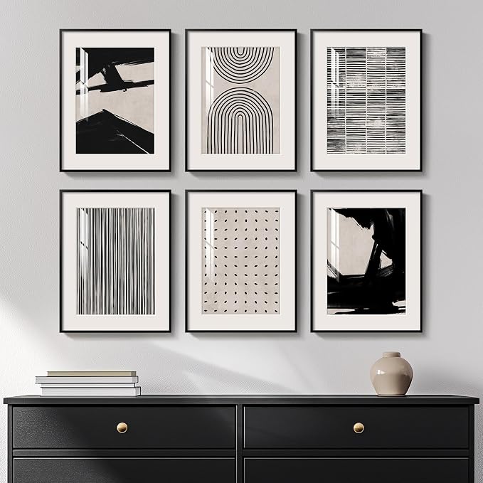 Framed Black and White Abstract Wall Art, 6 Pieces Modern Prints Paintings by Cuspin