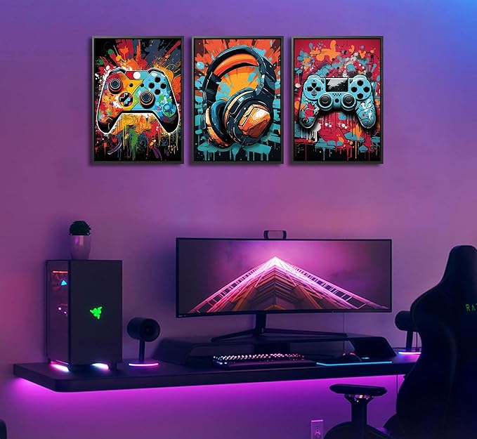 3Pcs Framed Cool Gaming Wall Art Retro Video Gamer watercolor Posters Pictures - Image 4