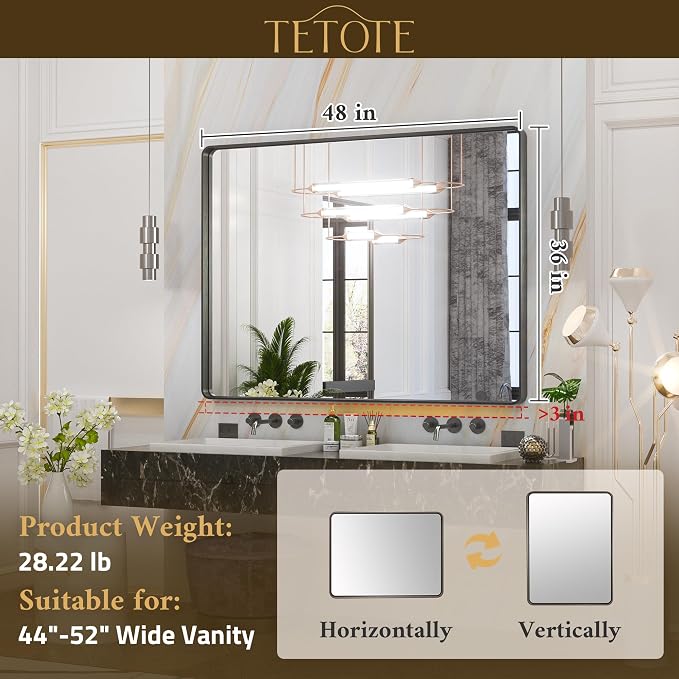 TETOTE 48 x 36 Inch Mirrors for Bathroom, Matte Black Framed Rectangular Large - Image 6
