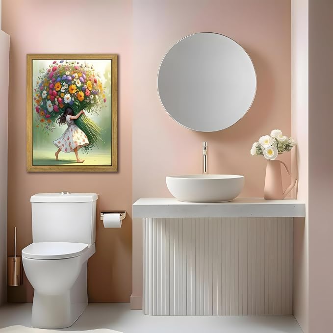 Wood Framed Pink Wildflower Canvas Wall Art, Girl Hugging Flowers Poster Prints - Image 5
