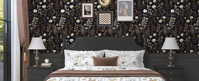 Dark Taupe Floral Peel and Stick Wallpaper, 17.5In x 197In Vintage Black Golden - Image 8