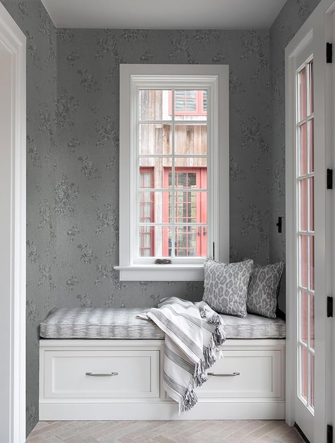 Erfoni 394"x17.7" Grey Floral Embossed Wallpaper - Image 7