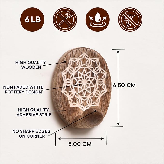 Indian Shelf 6 Lb- 3 Pieces Decorative Wood Adhesive Wall Hooks–Boho Peel and - Image 5