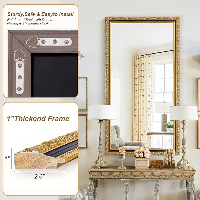 Large Antique Wall Decorative Mirror, Rectangular Vintage Gold Mirrors - Image 5