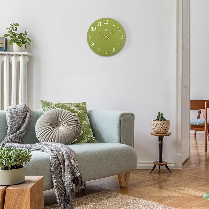 Lafocuse 12 Inch Wooden Olive Green Wall Clock Battery Operated Silent - Image 3