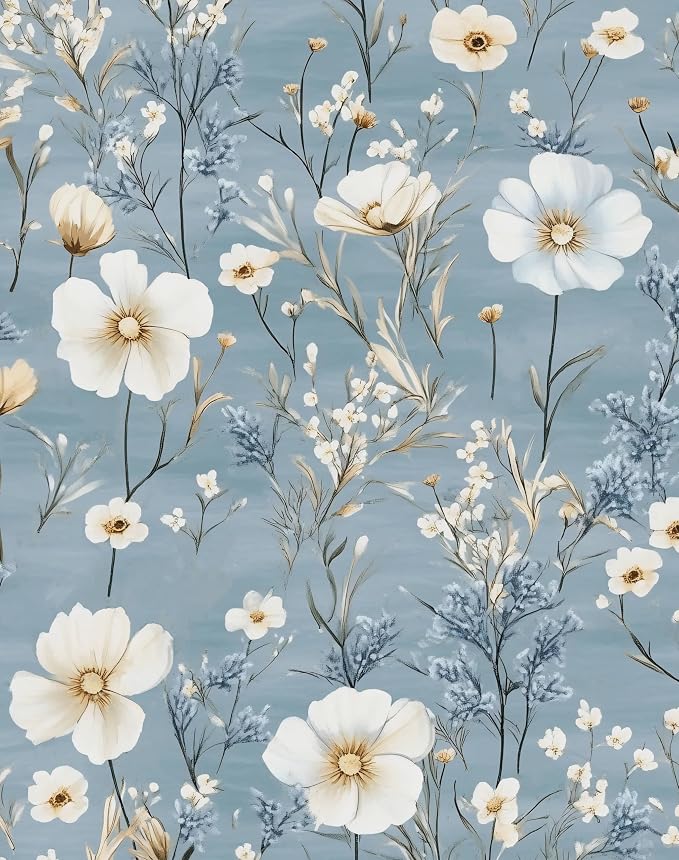 Laatse Blue Floral Peel and Stick Wallpaper White Botanical Contact Paper by Laatse