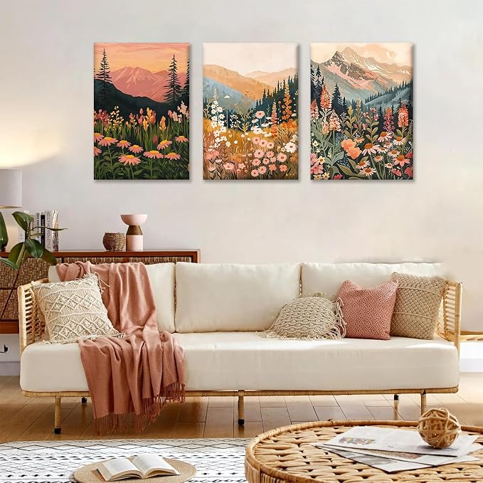 KBKBART Boho Colorful Landscape wall art Set of 3, Wildflower Mountain Wall - Image 2