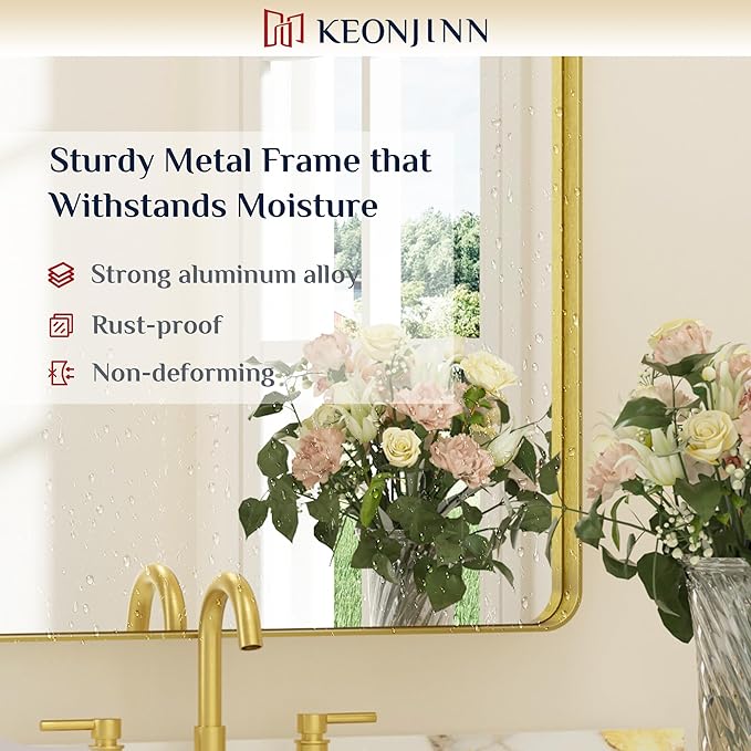 Keonjinn Gold Bathroom Mirrors for Over Sink, 28” x 36” Rounded Rectangle - Image 7