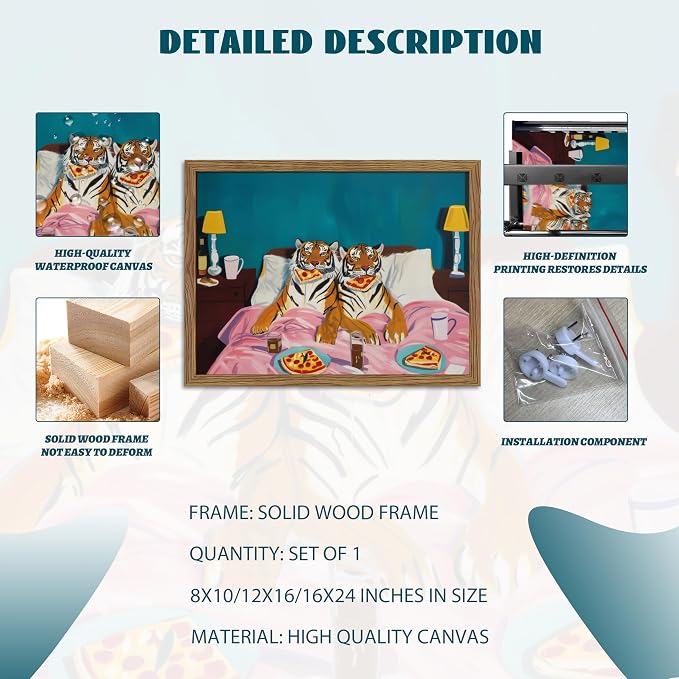 Framed Tiger Pizza Wall Art, Dopamine Wall Decor Canvas Print, Vintage Fun - Image 5