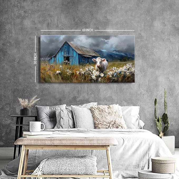 Rustic Farmhouse Wall Art Cow and Blue Barn Canvas Pictures Country Landscape - Image 4