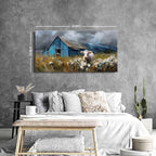 Rustic Farmhouse Wall Art Cow and Blue Barn Canvas Pictures Country Landscape - Image 4