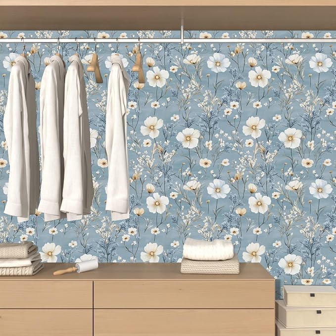 Laatse Blue Floral Peel and Stick Wallpaper White Botanical Contact Paper - Image 8