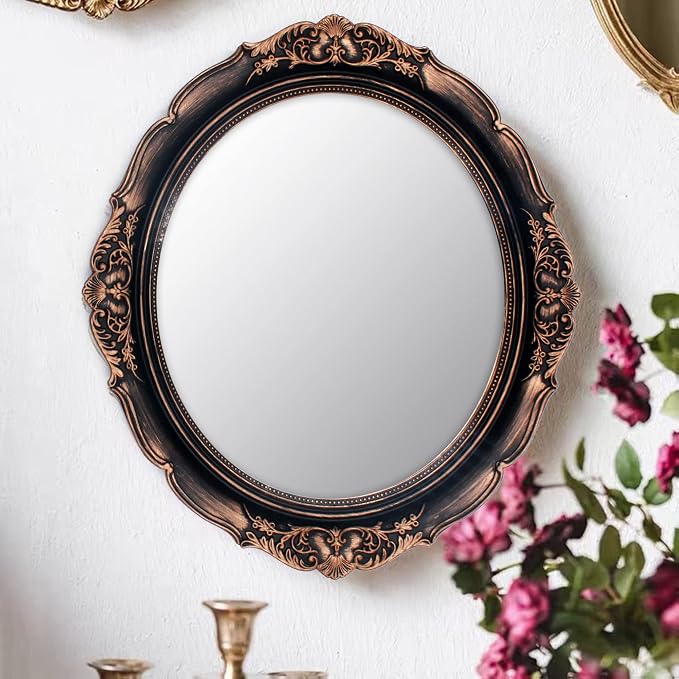 YCHMIR Vintage Decorative Wall Mirror 14.8 x 13.1 Inch Oval Mirror（ Brown） - Image 2