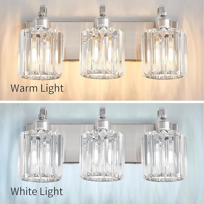 Modern Vanity Light 3-Lights Brushed Nickel Vanity Light Crystal Bathroom Wall - Image 4