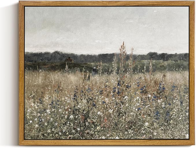 InSimSea Framed Canvas Wall Art Vintage Decor, Wildflower Field Canvas Wall Art by InSimSeaArt
