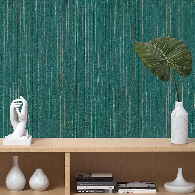 Teal Grasscloth Peel and Stick Wallpaper Vintage Texture Removable Waterproof - Image 6