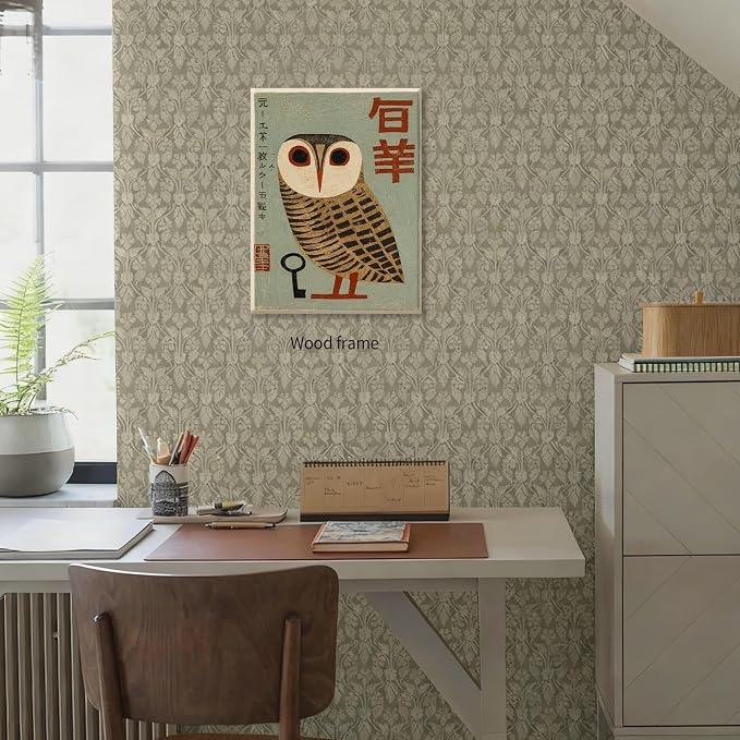 Vintage Japanese Framed Wall Art Owl Poster Mid Century Animal Print 24x36in - Image 6