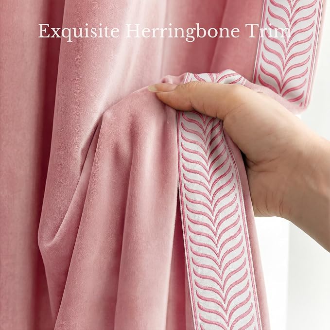 NICETOWN Rod Pocket Embroidered Trim Velvet Curtains, 2 Panels, Blush Pink - Image 2