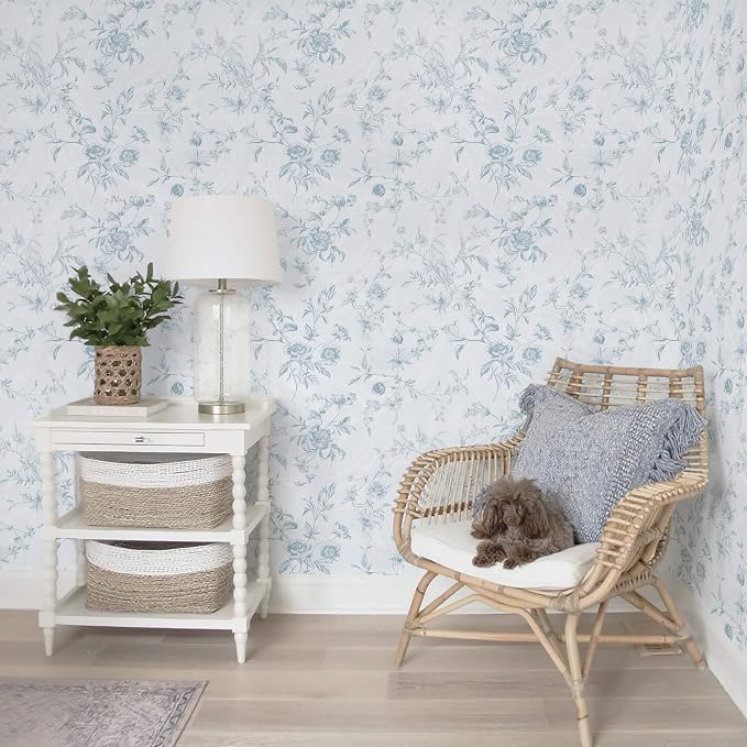 Ismoon Blue Wallpaper Peel and Stick Floral Vintage Stick on Wall Paper French - Image 9