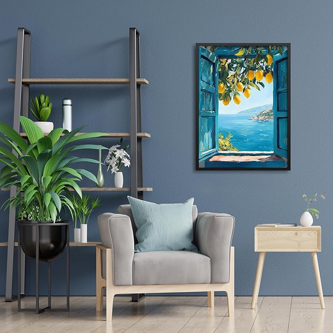 Black Framed Canvas Wall Art Posters Mediterranean Window View Coastal Lemon - Image 5