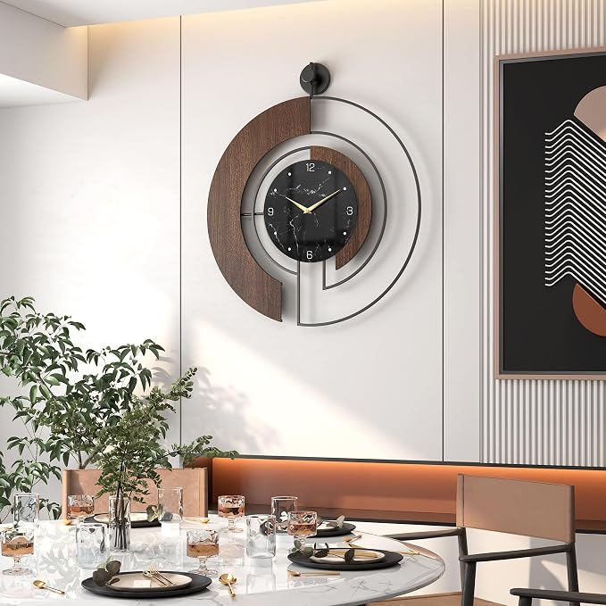 Modern Walnut Marble Dial Wall Clock, Large Wood Metal Frame Silent Non Ticking - Image 6