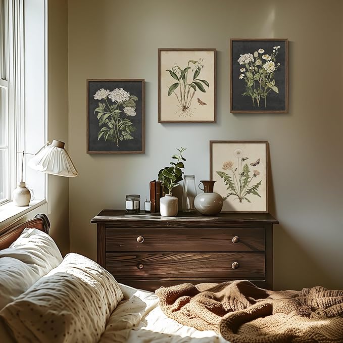 Framed Vintage Botanical Wall Art Bedroom, 4 Piece Rustic Farmhouse Floral - Image 3