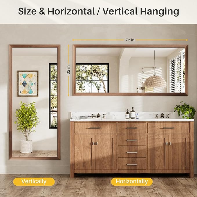 72x32 Inch Bathroom Mirror for Wall, Anti-Rust Walnut Wood Grain Metal Framed - Image 7