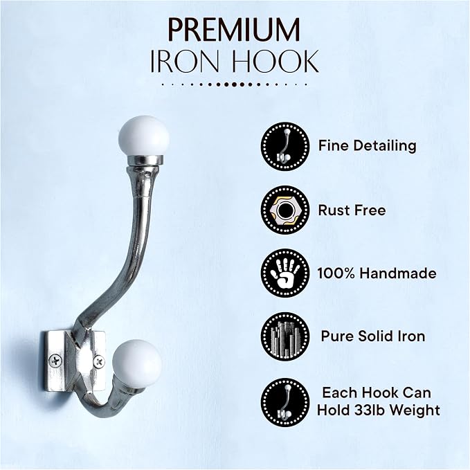 Indian Shelf 6 Pieces Exclusive Ceramic Heavy Duty Decorative Double Wall Hooks - Image 7