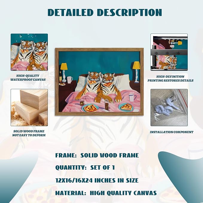 Framed Tiger Pizza Wall Art, Dopamine Wall Decor Canvas Print, Vintage Fun - Image 5