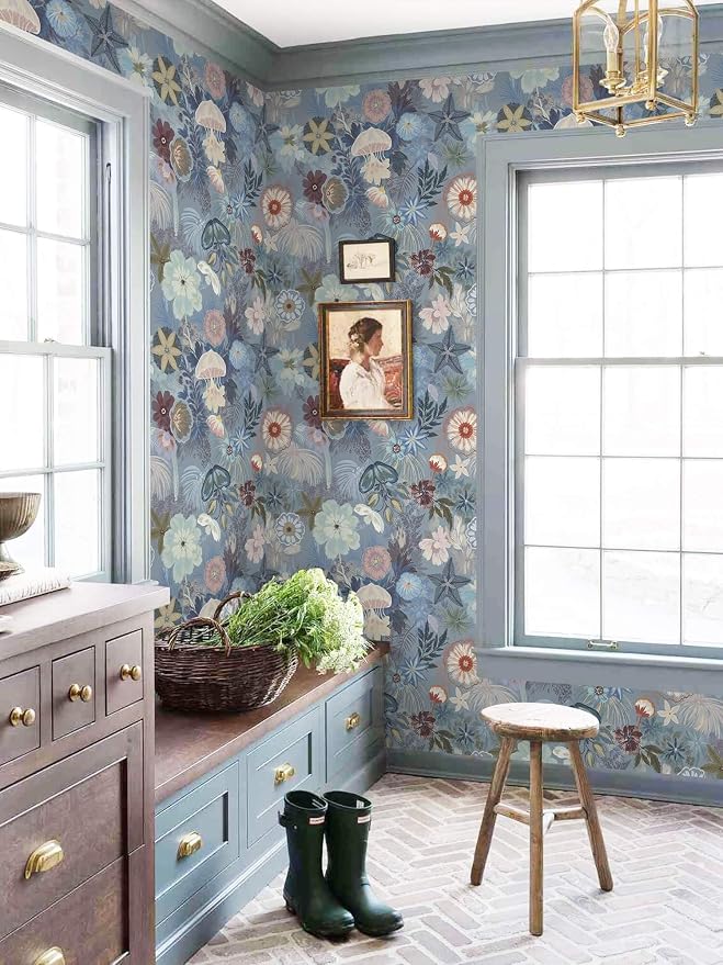 Ismoon Floral Peel and Stick Wallpaper Vintage Blue Contact Paper Jellyfish - Image 3