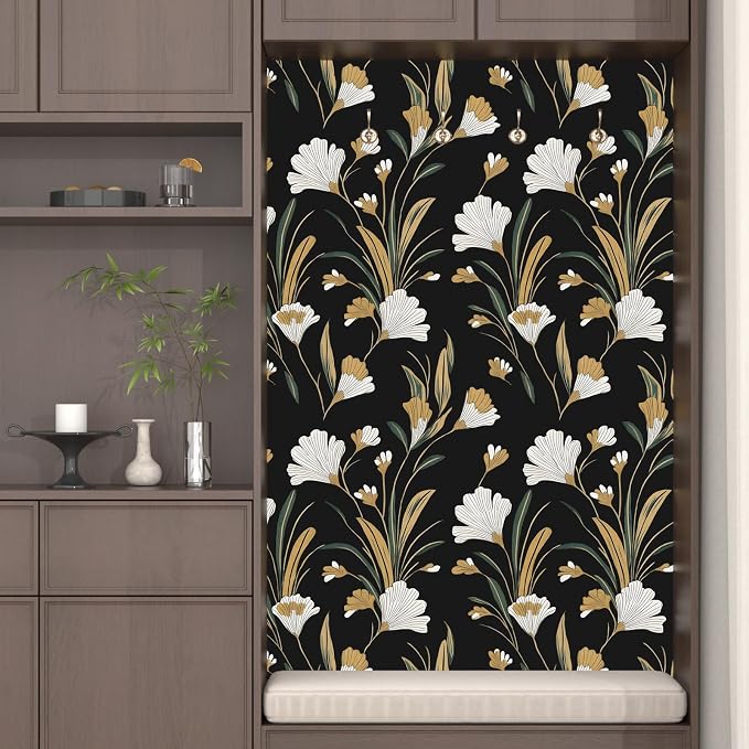 Laatse Black Gold Peel and Stick Wallpaper White Floral Contact Paper 17.5in x - Image 4