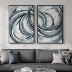 Framed Blue Gray Abstract Wall Art Set of 2, Modern Circle Line Canvas Artwork by MXART