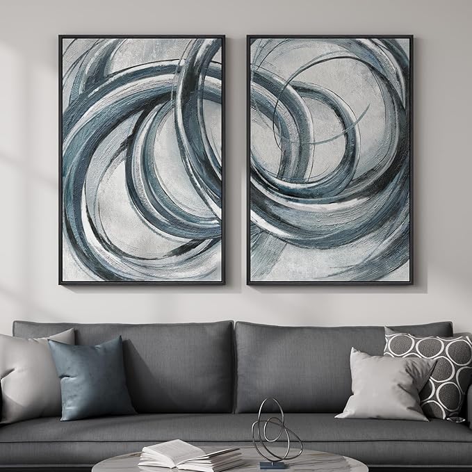 Framed Blue Gray Abstract Wall Art Set of 2, Modern Circle Line Canvas Artwork by MXART