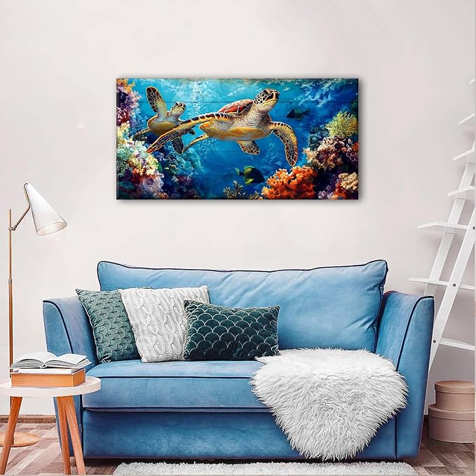 Sea Turtle Wall Art Ocean Bathroom Decor Colorful Fish Coral Landscape Canvas - Image 2