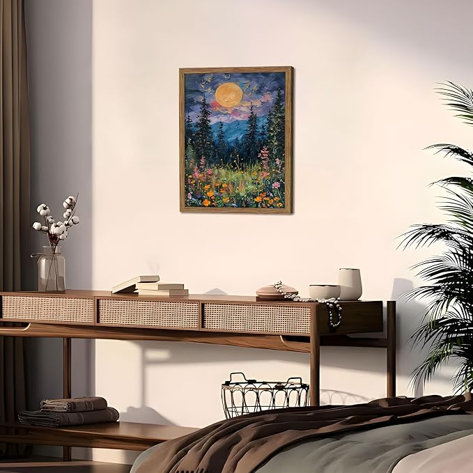 Framed Nature Forest Canvas Wall Art, Full Moon above Wildflowers and Woodland - Image 4