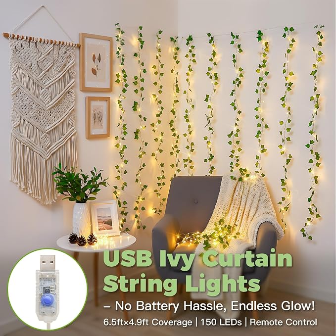 suddus Vines with Lights for Bedroom, 150 LED Fairy Lights with Vines, Ivy - Image 2