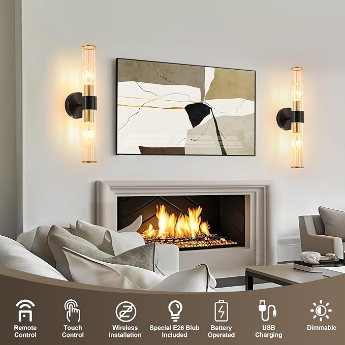 Black Gold Battery Operated Wall Sconces Set of 2, Rechargeable Wall Lights - Image 3