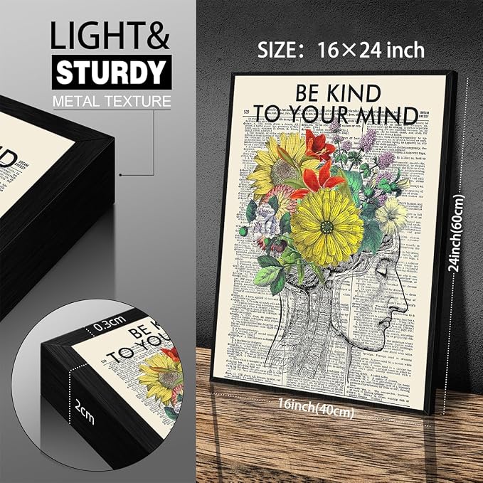 Be Kind To Your Mind Quote Poster Prints Mental Health Canvas Wall Art 16x24 - Image 2