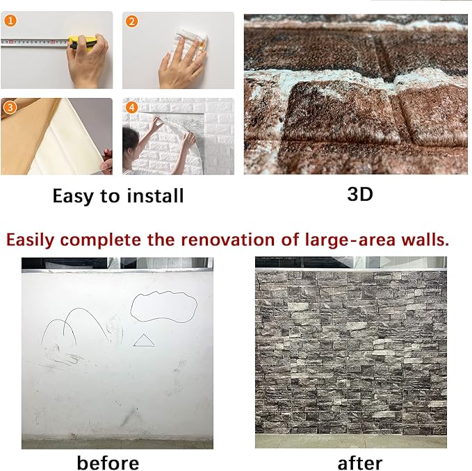 10PCS 3D Wall Panels Peel and Stick Foam 3D Brick Wallpaper Peel and Stick Red - Image 6